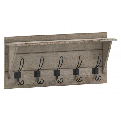 BLNK Daly Wall Mounted Solid Pine Wood Storage Rack with Upper Shelf and 5 Hooks - Weathered