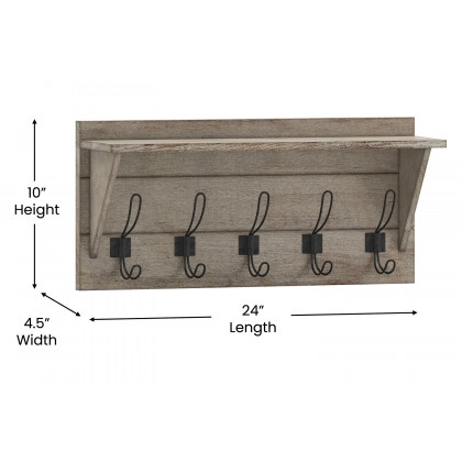 BLNK Daly Wall Mounted Solid Pine Wood Storage Rack with Upper Shelf and 5 Hooks - Weathered