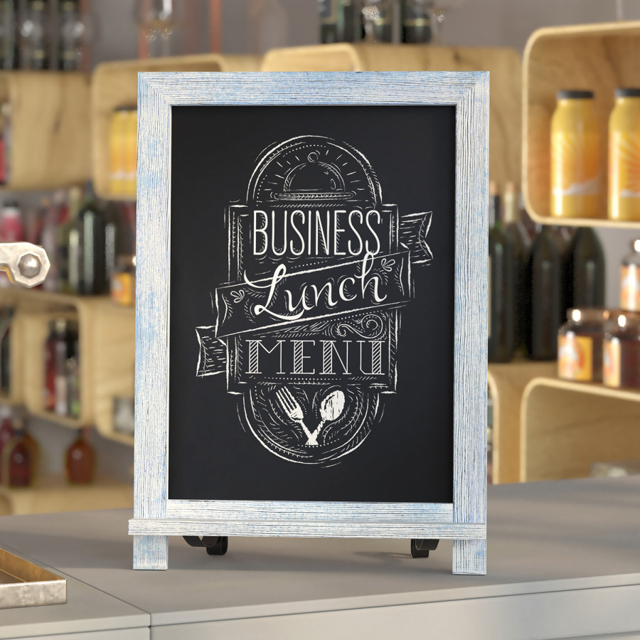 BLNK Canterbury Rustic Blue Tabletop Magnetic Chalkboard Sign with Metal Scrolled Legs - 12"W x 17"H