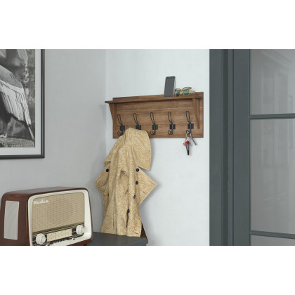 BLNK - Daly Wall Mounted Solid Pine Wood Storage Rack with Upper Shelf and 5 Hooks