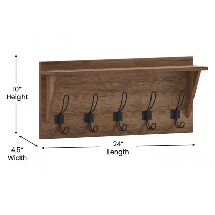 BLNK Daly Wall Mounted Solid Pine Wood Storage Rack with Upper Shelf and 5 Hooks - Rustic Brown
