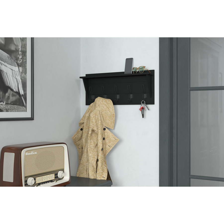 BLNK - Daly Wall Mounted Solid Pine Wood Storage Rack with Upper Shelf and 5 Hooks