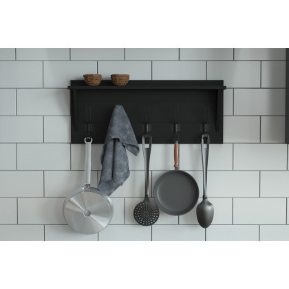 BLNK Daly Wall Mounted Solid Pine Wood Storage Rack with Upper Shelf and 5 Hooks - Black