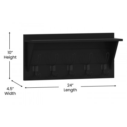BLNK Daly Wall Mounted Solid Pine Wood Storage Rack with Upper Shelf and 5 Hooks - Black