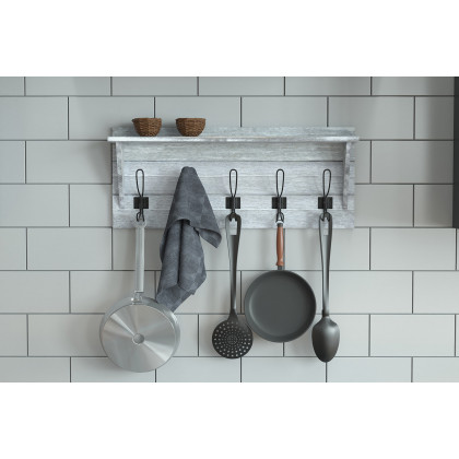 BLNK Daly Wall Mounted Solid Pine Wood Storage Rack with Upper Shelf and 5 Hooks - Whitewashed