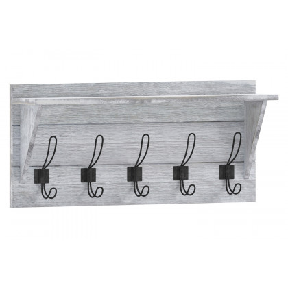 BLNK Daly Wall Mounted Solid Pine Wood Storage Rack with Upper Shelf and 5 Hooks - Whitewashed