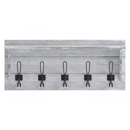 BLNK Daly Wall Mounted Solid Pine Wood Storage Rack with Upper Shelf and 5 Hooks - Whitewashed