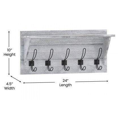BLNK Daly Wall Mounted Solid Pine Wood Storage Rack with Upper Shelf and 5 Hooks - Whitewashed