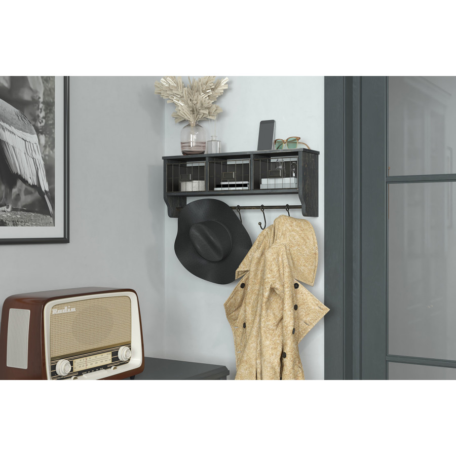 BLNK Daly Wall Mounted Solid Pine Wood Storage Rack with Upper Shelf, 5 Hooks and Wire Baskets - Blackwashed