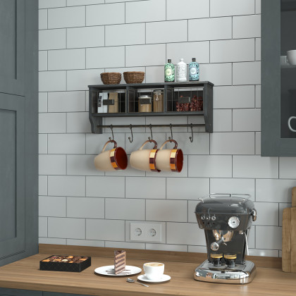 BLNK Daly Wall Mounted Solid Pine Wood Storage Rack with Upper Shelf, 5 Hooks and Wire Baskets - Blackwashed