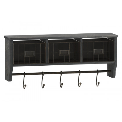 BLNK Daly Wall Mounted Solid Pine Wood Storage Rack with Upper Shelf, 5 Hooks and Wire Baskets - Blackwashed