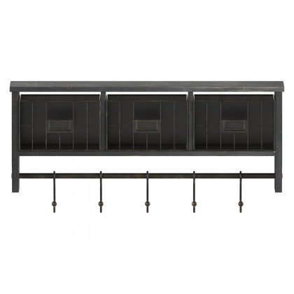 BLNK Daly Wall Mounted Solid Pine Wood Storage Rack with Upper Shelf, 5 Hooks and Wire Baskets - Blackwashed