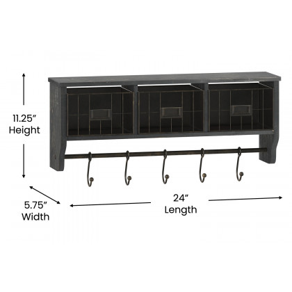 BLNK Daly Wall Mounted Solid Pine Wood Storage Rack with Upper Shelf, 5 Hooks and Wire Baskets - Blackwashed
