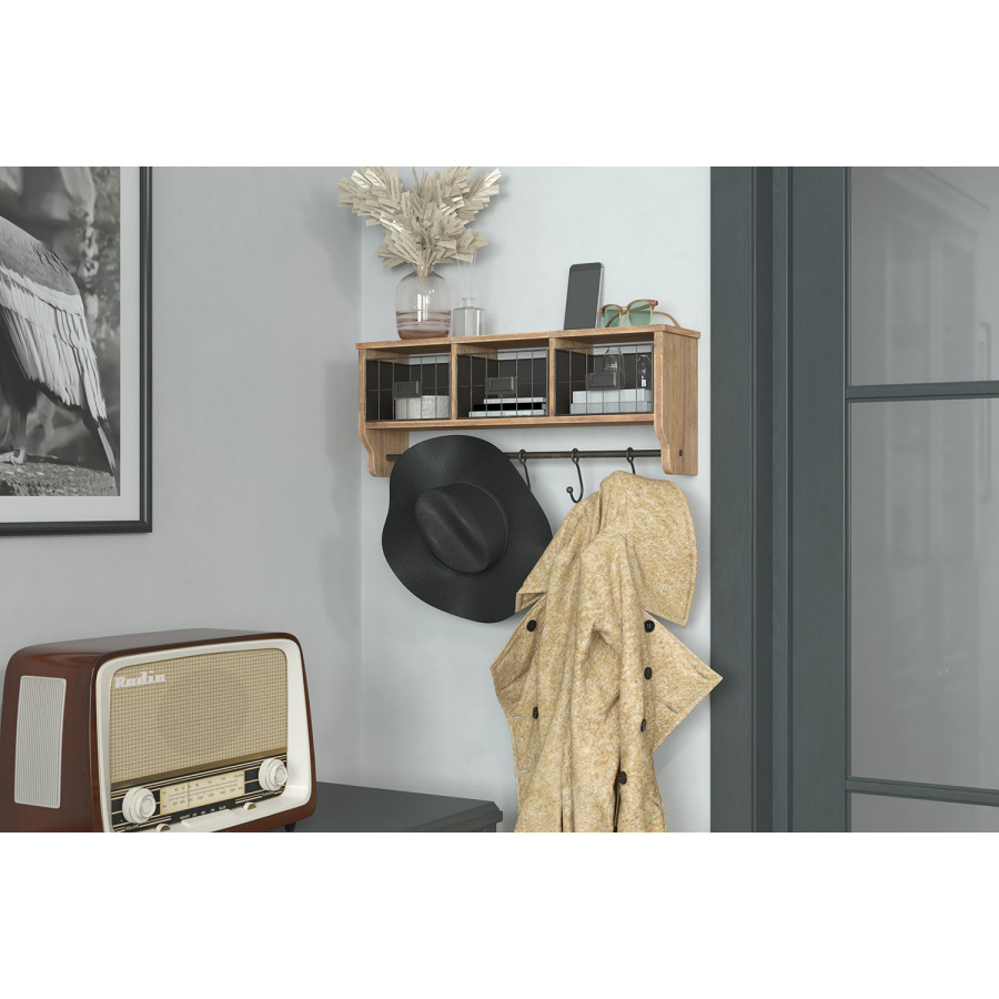 BLNK Daly Wall Mounted Solid Pine Wood Storage Rack with Upper Shelf, 5 Hooks and Wire Baskets - Rustic Brown