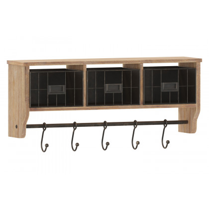 BLNK Daly Wall Mounted Solid Pine Wood Storage Rack with Upper Shelf, 5 Hooks and Wire Baskets - Rustic Brown