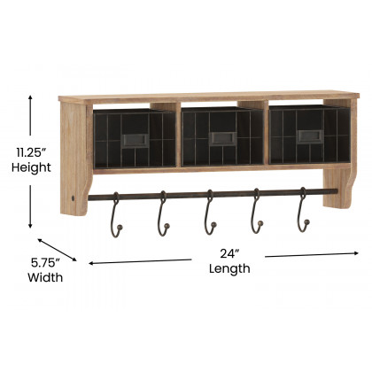 BLNK Daly Wall Mounted Solid Pine Wood Storage Rack with Upper Shelf, 5 Hooks and Wire Baskets - Rustic Brown