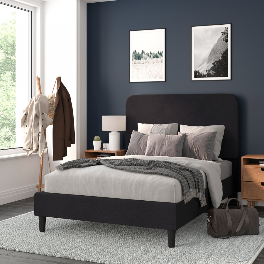 BLNK Addison Upholstered Platform Bed with Rounded Edges Headboard - Charcoal, Full Size