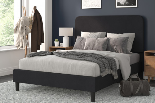 BLNK® - Addison Charcoal Fabric Upholstered Platform Bed, Headboard with Rounded Edges