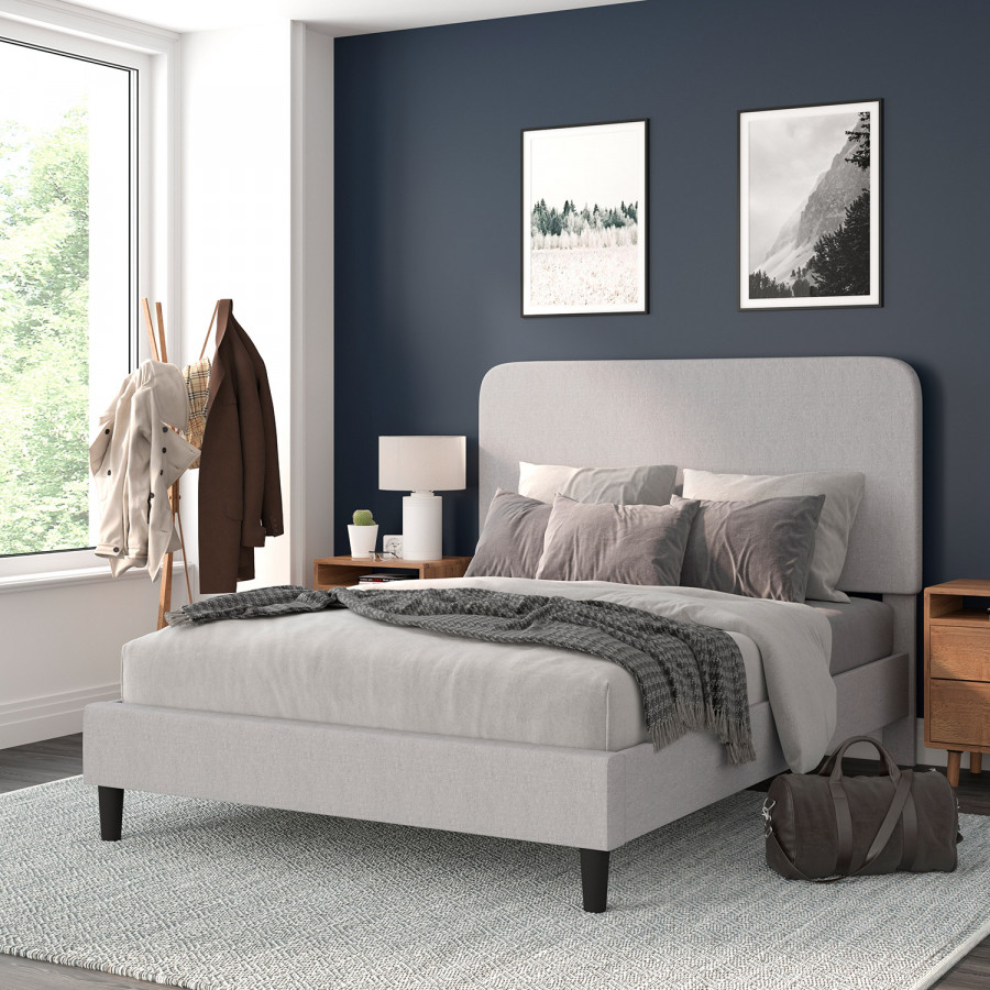 BLNK Addison Upholstered Platform Bed with Rounded Edges Headboard - Light Gray, Queen Size