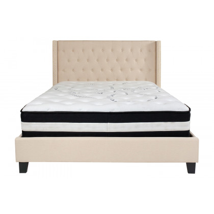 BLNK Riverdale Tufted Upholstered Platform Bed with Pocket Spring Mattress - Beige, Queen Size