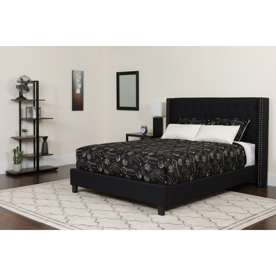 BLNK Riverdale Tufted Upholstered Platform Bed with Pocket Spring Mattress - Black, Queen Size