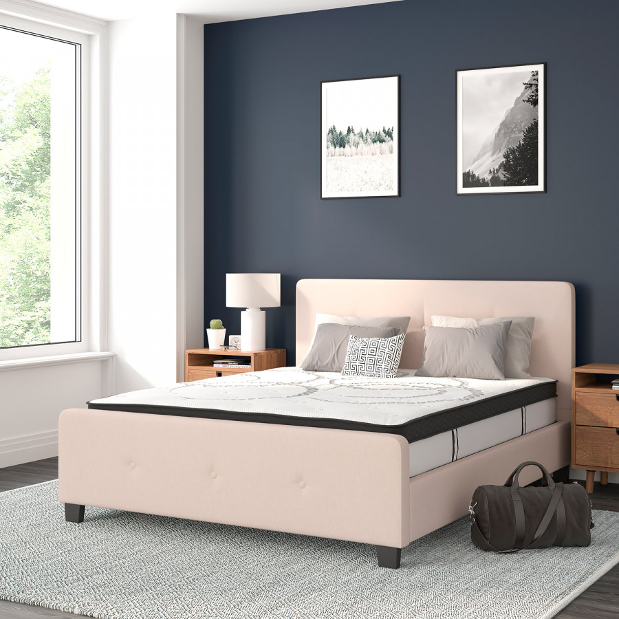 BLNK Tribeca Tufted Upholstered Platform Bed with 10" CertiPUR-US Certified Pocket Spring Mattress - Beige, Queen Size