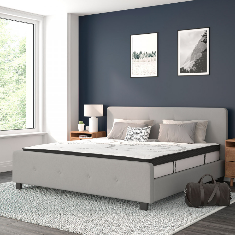 BLNK Tribeca Tufted Upholstered Platform Bed with 10" CertiPUR-US Certified Pocket Spring Mattress - Light Gray, King Size