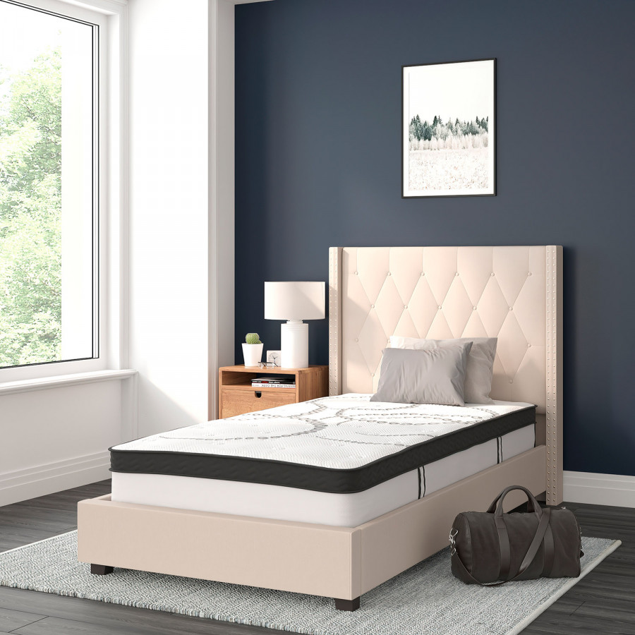 BLNK Riverdale Tufted Upholstered Platform Bed with 10" CertiPUR-US Certified Pocket Spring Mattress - Beige, Twin Size