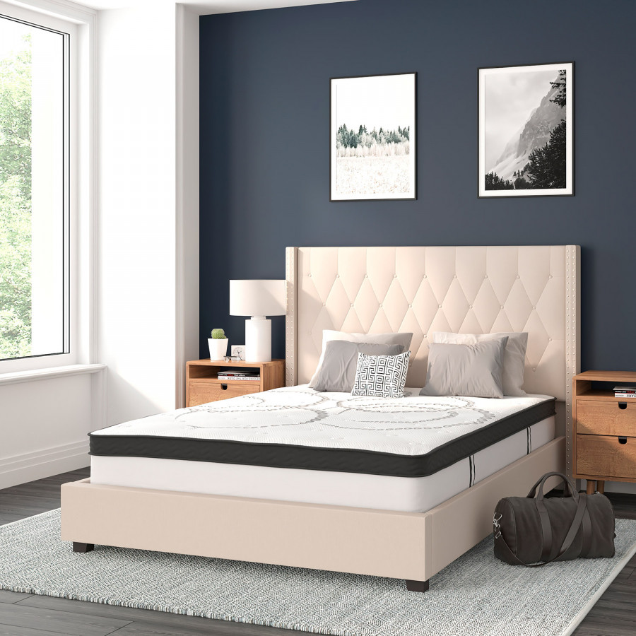 BLNK Riverdale Tufted Upholstered Platform Bed with 10" CertiPUR-US Certified Pocket Spring Mattress - Beige, Full Size