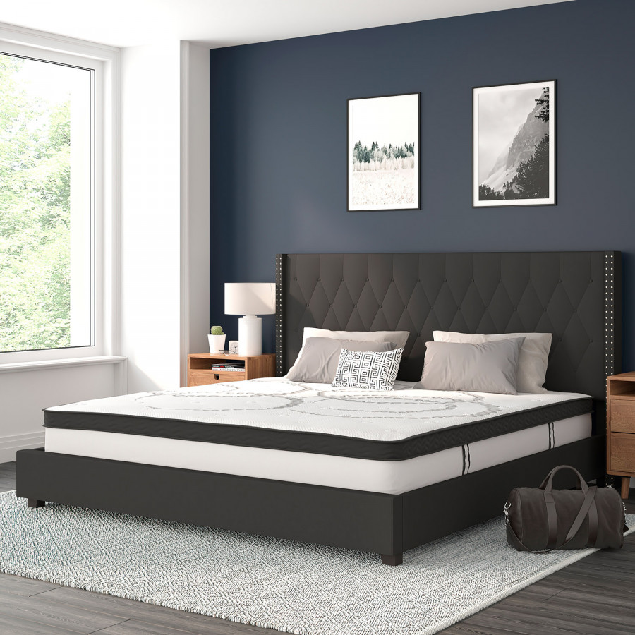 BLNK Riverdale Tufted Upholstered Platform Bed with 10" CertiPUR-US Certified Pocket Spring Mattress - Black, King Size