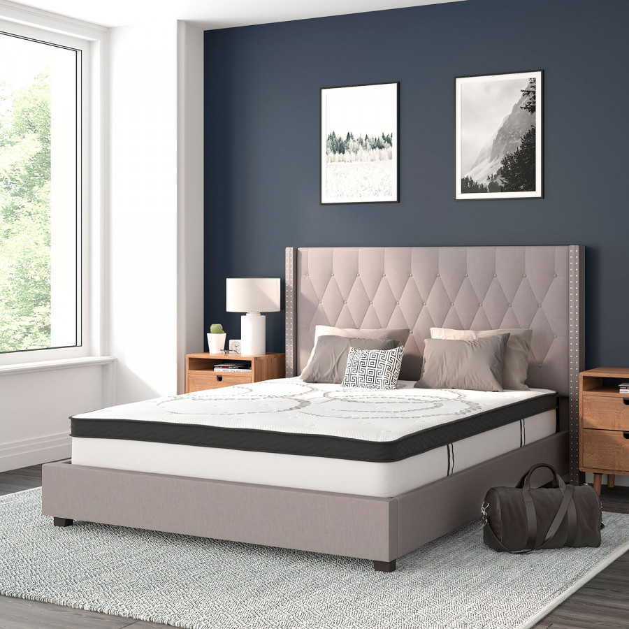 BLNK Riverdale Tufted Upholstered Platform Bed with 10" CertiPUR-US Certified Pocket Spring Mattress - Light Gray, Queen Size