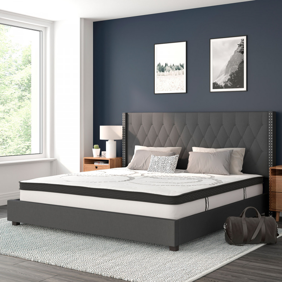 BLNK Riverdale Tufted Upholstered Platform Bed with 10" CertiPUR-US Certified Pocket Spring Mattress - Dark Gray, King Size