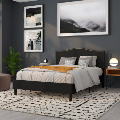 BLNK Lexington Fabric Upholstered Headboard with Accent Nail Trim - Black, Queen Size