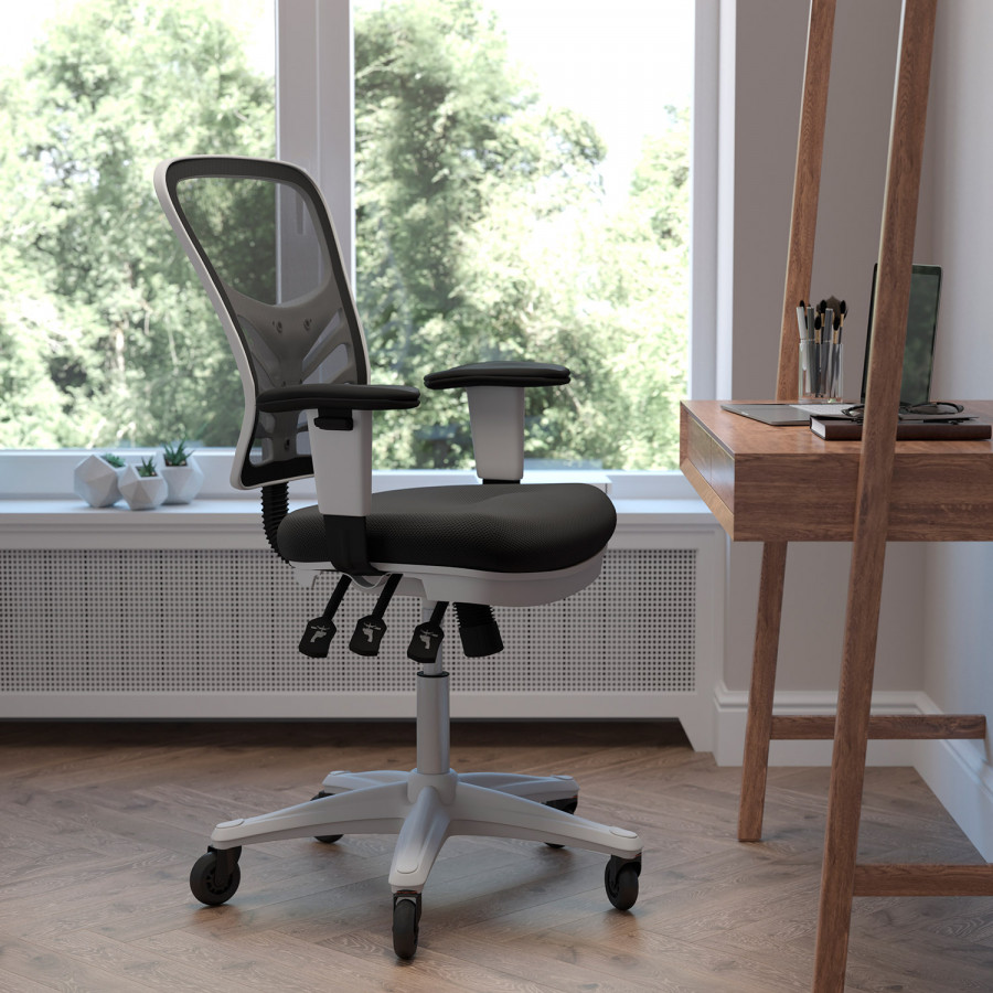 BLNK Nicholas Mid-Back Mesh Multifunction Executive Swivel Ergonomic Office Chair with Adjustable Arms, Transparent Roller Wheels, and White Frame - Black
