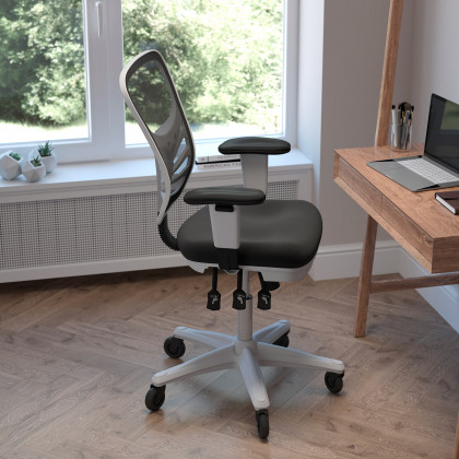 BLNK Nicholas Mid-Back Mesh Multifunction Executive Swivel Ergonomic Office Chair with Adjustable Arms, Transparent Roller Wheels, and White Frame - Black