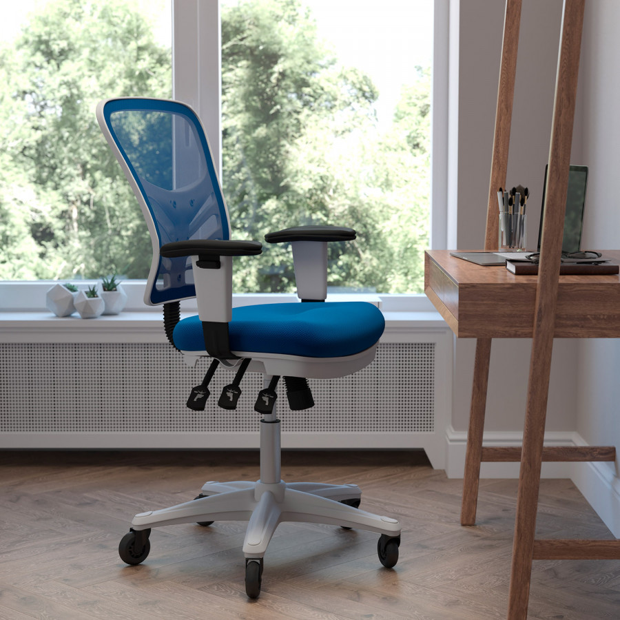 BLNK Nicholas Mid-Back Mesh Multifunction Executive Swivel Ergonomic Office Chair with Adjustable Arms, Transparent Roller Wheels, and White Frame - Blue