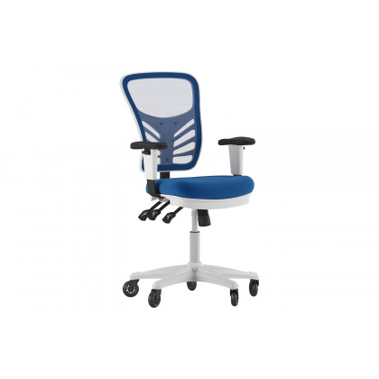 BLNK Nicholas Mid-Back Mesh Multifunction Executive Swivel Ergonomic Office Chair with Adjustable Arms, Transparent Roller Wheels, and White Frame - Blue