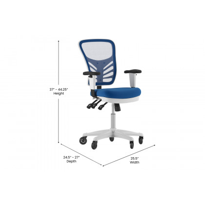 BLNK Nicholas Mid-Back Mesh Multifunction Executive Swivel Ergonomic Office Chair with Adjustable Arms, Transparent Roller Wheels, and White Frame - Blue