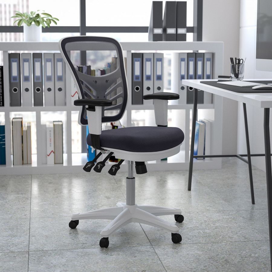 BLNK Nicholas Mid-Back Mesh Multifunction Executive Swivel Ergonomic Office Chair with Adjustable Arms and White Frame - Dark Gray
