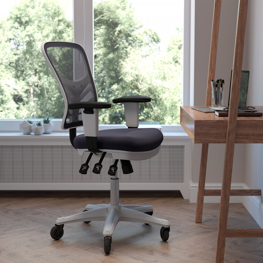 BLNK Nicholas Mid-Back Mesh Multifunction Executive Swivel Ergonomic Office Chair with Adjustable Arms, Transparent Roller Wheels, and White Frame - Dark Gray