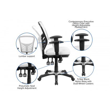 BLNK Nicholas Mid-Back Mesh Multifunction Executive Swivel Ergonomic Office Chair with Adjustable Arms - White