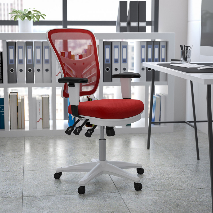BLNK Nicholas Mid-Back Mesh Multifunction Executive Swivel Ergonomic Office Chair with Adjustable Arms and White Frame - Red