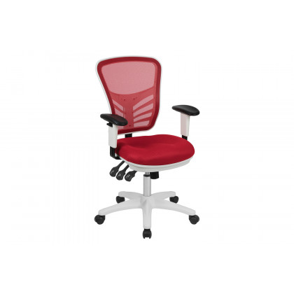 BLNK Nicholas Mid-Back Mesh Multifunction Executive Swivel Ergonomic Office Chair with Adjustable Arms and White Frame - Red