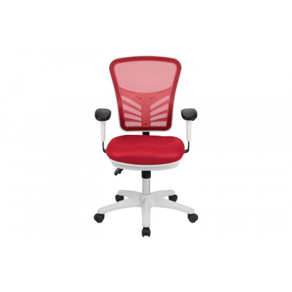 BLNK Nicholas Mid-Back Mesh Multifunction Executive Swivel Ergonomic Office Chair with Adjustable Arms and White Frame - Red