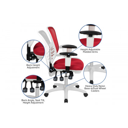 BLNK Nicholas Mid-Back Mesh Multifunction Executive Swivel Ergonomic Office Chair with Adjustable Arms and White Frame - Red