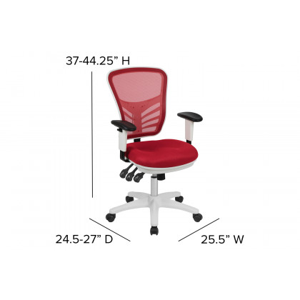 BLNK Nicholas Mid-Back Mesh Multifunction Executive Swivel Ergonomic Office Chair with Adjustable Arms and White Frame - Red