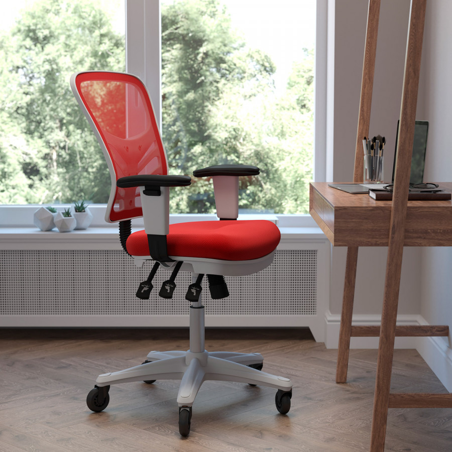 BLNK Nicholas Mid-Back Mesh Multifunction Executive Swivel Ergonomic Office Chair with Adjustable Arms, Transparent Roller Wheels, and White Frame - Red