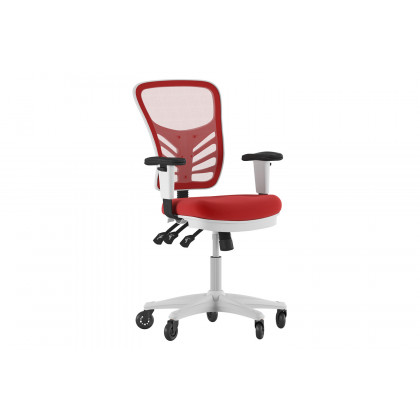 BLNK Nicholas Mid-Back Mesh Multifunction Executive Swivel Ergonomic Office Chair with Adjustable Arms, Transparent Roller Wheels, and White Frame - Red