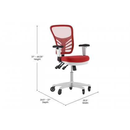 BLNK Nicholas Mid-Back Mesh Multifunction Executive Swivel Ergonomic Office Chair with Adjustable Arms, Transparent Roller Wheels, and White Frame - Red