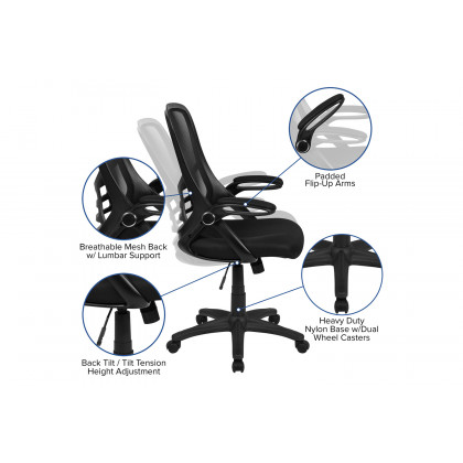 BLNK Porter High-Back Mesh Ergonomic Swivel Office Chair with Black Frame and Flip-up Arms - Black